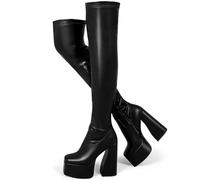 ErikenUrben Donna Platform Coscia Stivali Alto Largos Sopra Il Ginocchio Stivali Stretch Go-Go Boot Square Toe Wide Calf Festa Stivali Zip Black Numero 42