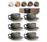 Erkundpresso. Set di 6 Tazze da Espresso 100ml con Piattini, Tazzine da caffè, Ceramica Effetto Forno Pareti Spesse Isolanti, Antiscivolo, Lavastoviglie & Microonde, Confezione Regalo - Grigio