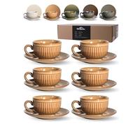Erkundpresso. Set di 6 Tazze da Espresso 100ml con Piattini, Tazzine da caffè, Ceramica Effetto Forno Pareti Spesse Isolanti, Antiscivolo, Lavastoviglie & Microonde, Confezione Regalo - Marrone