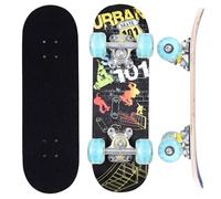 ERNAN Skateboard completo per principianti, skateboard a doppio calcio da 43 cm, per bambini e adolescenti, ruote che si illuminano durante lo spostamento, design e colori assortiti con strumento a T