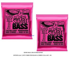 ERNIE BALL 2834 SUPER SLINKY OFFERTA di 2 SET CORDE PER BASSO 4 CORDE 045 / 100