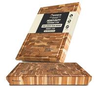 Erreke Tagliere in Legno di Teak End Grain, 50x35x5 cm, Grande e Spessa | Tipo Ceppo da Macellaio con Scanalatura. Piedini Antiscivolo e Manici Smussati. Tagliere Legno Cucina. Tagliere da Portata