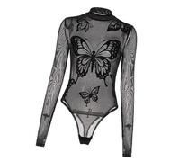 ERRORY Body elasticizzato a maniche lunghe con farfalla in rete trasparente tuta nera con collo a lupetto aderente body top da donna tuta in rete con collo a lupetto, Nero , M