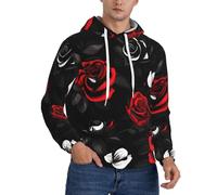 ERSDWRE Felpe con cappuccio in pile da uomo adulto con stampa di rose rosse e bianche e nere pullover a maniche lunghe con tasche, Nero , 3XL