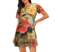 ERSDWRE Fiore E Uccello Stampa Delle Donne Camicie Da Notte Sleepshirts Sleepwear Maniche Corte Camicia Da Notte Camicia Da Notte Camicia, Nero , L
