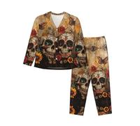 ERSDWRE Set pigiama da donna con stampa di teschi di zucchero con farfalla e bottoni Set pigiama a maniche lunghe pantaloni lunghi Pjs Set per le donne, Nero , L
