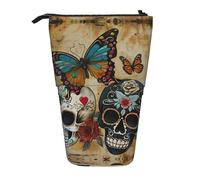 ERSDWRE Sugar Skulls - Astuccio telescopico con farfalla, astuccio per cancelleria Kawaii, astuccio con cerniera, portapenne