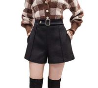 ERTYUIO Gonna Nera Corta Pantaloncini di Lana da Donna Pantaloncini A Gamba Larga A Vita Alta Pantaloncini di Lana da Donna Invernali Casual-Black_S