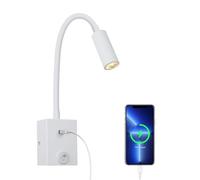 ERWEY Lampada da Lettura a LED da Parete, Lanterna da Letto 3W con Collo d'oca Flessibile a 360° e Connessione USB per la Camera da Comodino, Illuminazione Bianca Calda 3000K, Bianco