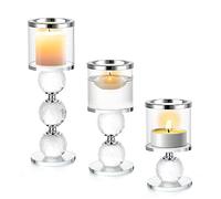 ERWEY Portacandele a Colonna in Cristallo, Set di 3 Portacandele in Cristallo, Candelabri Centrotavola per Tavolo da Pranzo Matrimonio Porta Candele Decorazione Natalizia, Argento