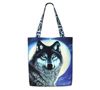 Erwqavc Borsa tote in tela da donna, borsa a tracolla riutilizzabile, con stampa lupo sotto la luna, per shopping, spesa, regalo per spiaggia, palestra
