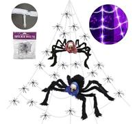 ERYUE Set di Ragnatele Giganti di Halloween con Luci LED Viola Spaventose per Decorazioni per Feste in Casa, Decorazioni Esterni da Giardino - Materiale Plastico/Tessile