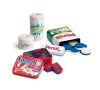 Erzi Articoli per bambini in legno, set di pastiglie per lavastoviglie Somat e pastiglie detergenti persil in lattina, rotolo da cucina e carta igienica, giochi di ruolo