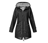 ERZU Giacca da pioggia di media lunghezza Donna Giacca a vento a righe Impermeabile Impermeabile Leggero Outdoor Con Cappuccio Trench, Nero , XL