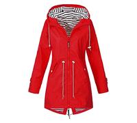 ERZU Giacca da pioggia di media lunghezza Donna Giacca a vento a righe Impermeabile Impermeabile Leggero Outdoor Con Cappuccio Trench, Rosso, L