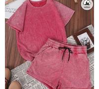 ES TRUS Set da 2 pezzi in cotone estivo da donna, stile street fashion Y2K, rosso vintage, basic casual, ampio, girocollo, lavato, taglie forti, maglietta e pantaloncini, elegante 0XL,1XL,2XL,3XL,4XLC