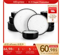 Esaurito! Set di piatti in ceramica bianca nera da 18/36 pezzi Set da pranzo in gres mediterraneo con piatto da pranzo/dessert/cucina/sopa da 6 pezzi