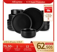 Esaurito! Set di piatti in ceramica nera da 18/36 pezzi Set da pranzo in gres Stoviglie eleganti con piatto da pranzo/dessert/cucina da 6/12 pezzi