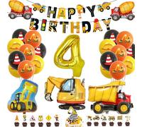 Escavatore decorativo per il 4° compleanno - decorazione per cantieri per ragazzi, decorazione per feste con palloncini, Happy Birthday Banner e decorazione per escavatori (giallo 4)
