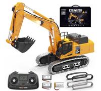 Escavatore Radiocomandato Professionale Mini 1:50 per Sabbia e Sabbiera, Escavatore RC Cingolato in Metallo con Benna Metallica, Cingoli Metallici, Telecomando LCD 2,4 GHz, Luci e Suoni, 2 Batterie