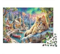 Escena de animal acogedor Rompecabezas 1000 Piezas Perro y Gato en el Pueblo Acogedor Estético y Desafiante Desafío Duro Imposible Regalo para Familiares/Parejas Adultos y Niños 70x50cm