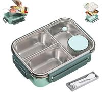 Escentio Lunch Box, Stainless Steel Portable Escentio Lunch Box, with Tableware and Divided Compartments, Portable Large Capacity, for Office, Travel, Lodgings (Green,3Grid)