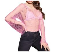 Esclusiva catena per il corpo in rete con cristalli come top a maniche lunghe o camicetta elegante, Colore: rosa., XS