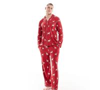 Esclusiva Chelsea Peers - His & Hers - Pigiama natalizio con pantaloni e camicia a maniche lunghe con rever e stampa di renne-Rosso S