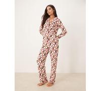 Esclusiva Chelsea Peers - Pigiama in poliestere con stampa con Babbo Natale e bastoncini di zucchero con top a maniche lunghe con rever-Bianco 48