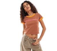 Esclusiva Deus Ex Machina X ASOS - T-shirt corta marrone con profili a contrasto con stampa "Speed" S