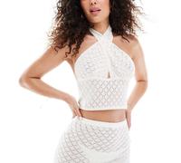 Esclusiva In The Style - Top da mare in maglia all'uncinetto color crema allacciato al collo con cut-out in coordinato-Neutro 48