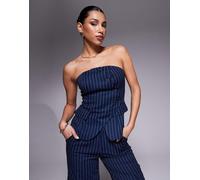 Esclusiva In The Style x Natalya Wright - Gilet sartoriale a fascia asimmetrico blu navy gessato in coordinato 42