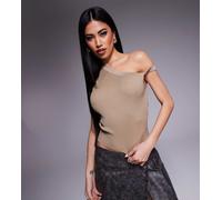 Esclusiva Kaiia - Crop top in maglia beige a coste con spalla scoperta attorcigliata-Marrone L
