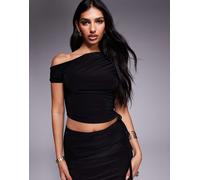 Esclusiva Kaiia - Crop top sinuoso a doppio strato nero con arricciature, spalle scoperte e coulisse in coordinato 40