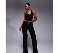 Esclusiva Kaiia - Pantaloni morbidi al tatto con fascia in vita neri con occhielli sulla fascia in vita in coordinato-Nero 50