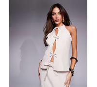 Esclusiva Kaiia - Top sartoriale allacciato al collo color sabbia con fiocchi sul davanti in coordinato-Neutro 50