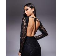 Esclusiva Kaiia - Vestito corto nero con schiena scoperta, perle, paillettes e maniche in pizzo trasparente 50