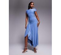 Esclusiva Kaiia - Vestito lungo sinuoso a doppio strato blu celeste con maniche ad aletta e spacco laterale drappeggiato 38