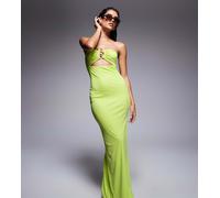 Esclusiva Kaiia - Vestito lungo sinuoso a fascia a doppio strato verde lime con spacco sulla coscia e dettaglio in metallo color oro sul busto 46