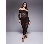 Esclusiva Murci - Completo in pizzo trasparente color cioccolato con gonna lunga con risvolto in vita e body con scollo alla Bardot-Marrone 38