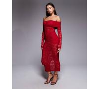 Esclusiva Murci - Completo in pizzo trasparente rosso con gonna lunga con risvolto in vita e body con scollo alla Bardot 46