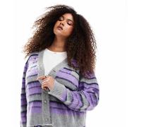 Esclusiva Renee Studio Plus - Cardigan viola a righe spazzolato in maglia con bottoni a stella con strass in coordinato-Multicolore 48