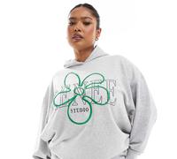 Esclusiva Renee Studio Plus - Felpa grigia oversize con cappuccio e logo con fiore ricamato in coordinato-Grigio 46