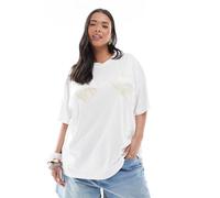 Esclusiva Renee Studio Plus - T-shirt bianca con conchiglie a cuore perlate e logo-Bianco 54