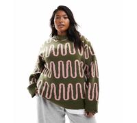 Esclusiva Renee Studio Plus x Holly Wynne - Maglione accollato verde e rosa a coste con stampa astratta-Multicolore 48