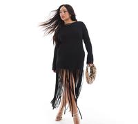 Esclusiva Renee Studio Plus x Michelle Nayla - Vestito corto nero in maglia a coste con frange e nappe sul fondo 52