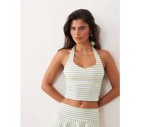 Esclusiva The Frolic - Top allacciato al collo con scollo a cuore in jersey giallo e blu a righe in coordinato-Multi 40