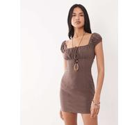 Esclusiva The Frolic - Vestito corto color cioccolato con bustino arricciato e maniche ad aletta in tessuto effetto lino-Marrone 44