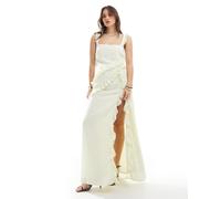 Esclusiva The Frolic - Vestito lungo color latticello giallo con drappeggio con volant, scollo squadrato e spacco sulla coscia 40