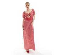 Esclusiva The Frolic - Vestito lungo in raso rosso a quadretti con maniche a sbuffo e inserto in pizzo con cut-out-Multicolore 46